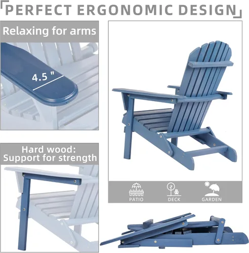 Miniatura 4 de SoliWood - Juego de 4 sillas plegables Adirondack de madera para exteriores, con respaldo preensamblado, silla de madera para patio, jardín, porche