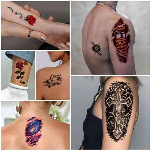 Miniatura 7 de 77 hojas de tatuajes temporales realistas en 3D para adultos y niños, cráneo, tigre, lobo, león, dragón, araña, serpiente, tatuajes temporales