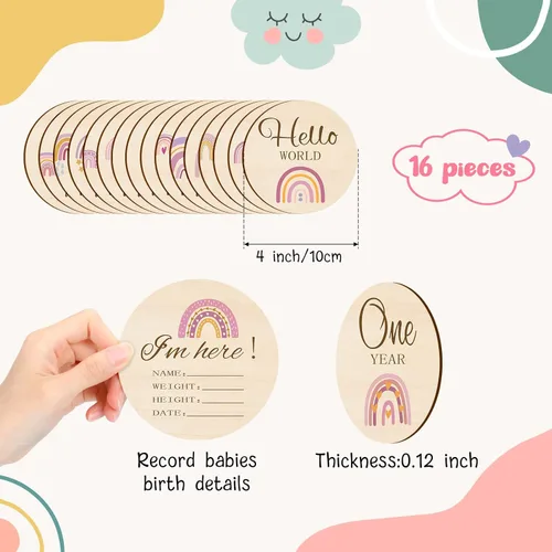 Miniatura 2 de Tiamon 16 tarjetas mensuales de madera para bebé, discos de marcador de hitos mensuales, círculos de madera de doble cara, letreros de meses