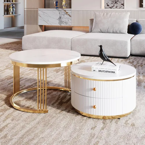 Miniatura 14 de Mesa de café redonda, mesa de café moderna de 31.5" con 2 cajones grandes de almacenamiento, tapa de mesa con patrón de mármol, mesa central