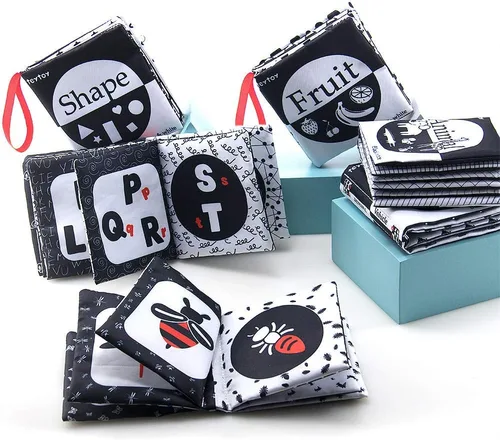 Miniatura 3 de teytoy My First Soft Book, 6 piezas de tela no tóxica para actividades arrugadas en blanco y negro para bebés, niños y niñas, juguetes educativos