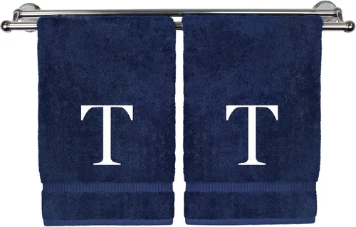 Miniatura 140 de Toalla de mano monogramada, regalo personalizado, juego de 2 - Toalla bordada con letra de bloque dorada - Extra absorbente 100% algodón turco