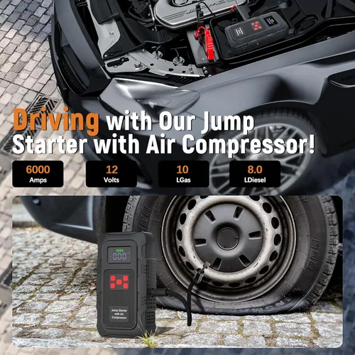 Miniatura 2 de Arrancador de 6000A con compresor de aire, arrancador de batería de automóvil portátil con inflador de neumáticos de 150 PSI para motores de hasta