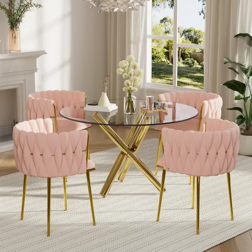 Miniatura 20 de Juego de mesa redonda dorada para 4, juego de mesa de comedor de 39'' con tapa de vidrio transparente, juego de mesa de cocina circular moderna de 5