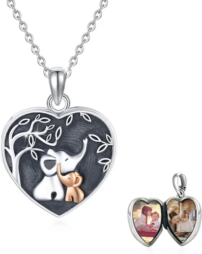 Lucky Elephant Locket Necklace Sterling Silver Customize Heart Locket Necklace That Holds Picture Elephant Pendant Jewelry Gifts for Women Girls Mom