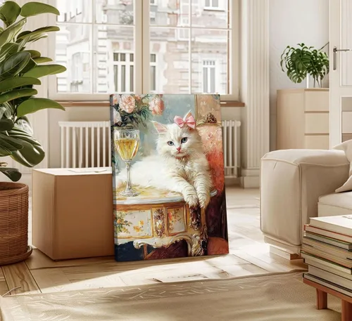 Miniatura 3 de Elegante lienzo vintage para pared, diseño de gato blanco caprichoso, divertido y retro, cuadro de carrito de bar, pintura ecléctica de animales