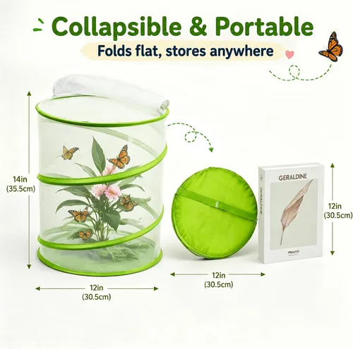 Miniatura 2 de Jaula de malla de hábitat de mariposa, 12 x 14 pulgadas, plegable, transpirable, para insectos, jaula de mariposas alta (verde)