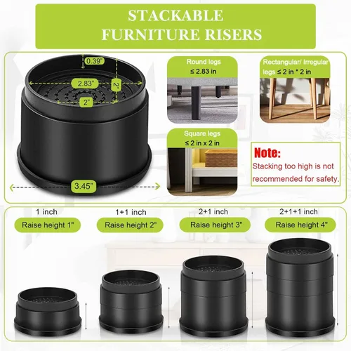 Miniatura 2 de Paquete de 12 elevadores de muebles de 1 pulgada, elevadores de cama ajustables resistentes para mesa, escritorio, sofá, silla, gabinete, marco