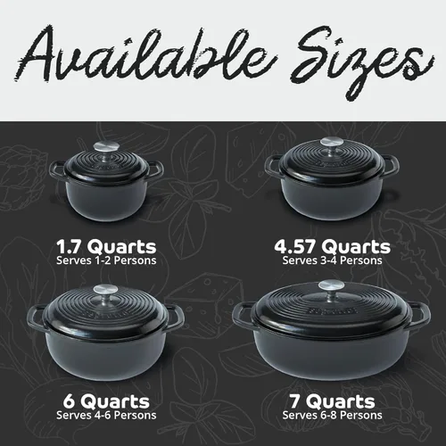 Miniatura 3 de Segretto Cookware Horno Holandés de Hierro Fundido Esmaltado, 6 Cuartos, Negro negro (Nero)