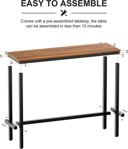 Miniatura 3 de Teraves Mesa de bar rectangular moderna, 39.37 x 17.71 x 39.37 pulgadas, parte superior de teca, base de metal negro, 4 plazas, uso en comedor y bar
