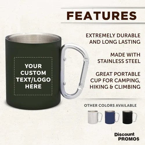 Miniatura 2 de Tazas personalizadas de acero inoxidable con asa de mosquetón, 10 onzas, juego de 100, paquete personalizado a granel, perfectas para café