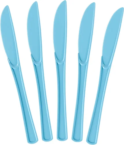 Exquisite Cuchillos desechables de plástico azul claro, 100 piezas, cubiertos desechables de plástico azul claro resistente, cubiertos desechables