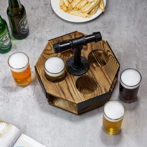 Miniatura 6 de MyGift Juego de servidor de vuelo de cerveza geométrica de madera maciza quemada con mango de tubo de metal industrial rústico, 4 vasos de cerveza