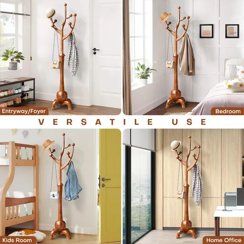 Miniatura 6 de Perchero independiente de madera en forma de árbol con 8 ganchos, diseño creativo con apariencia de rama de árbol, soporte colgador de ropa con base