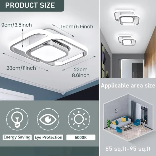 Miniatura 2 de CANEOE Lámpara de Techo Cuadrada para Pasillo, 6000K Blanco Frío Luz de Techo Moderna de Montaje al Ras, Accesorios de Iluminación LED Cromados