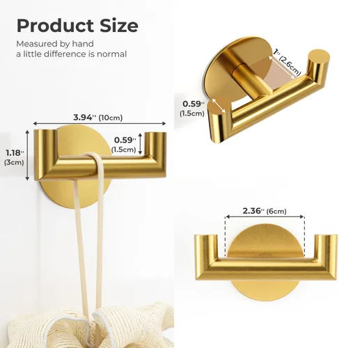 Miniatura 3 de GWAAZXGZ Paquete de 2 ganchos de baño dorados cepillados para toallas, ganchos dobles autoadhesivos para pared, sin taladrar, acero inoxidable 304