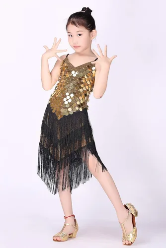 Miniatura 7 de Happy Cherry Vestido de lentejuelas con borlas para niña, falda de baile latino, disfraz brillante para niños, ballet, tango, rumba, ropa de baile
