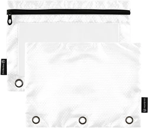 Gredecor Estuche para lápices con 3 anillas, con cremallera, color blanco, 2 unidades, organizador de carpetas transparentes para la escuela y la