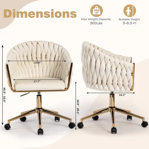 Miniatura 2 de Silla de Oficina de Terciopelo Tejida a Mano, Sillas de Escritorio de Tocador Beige con Ruedas Doradas, Silla Giratoria de 360° para Oficina en Negro