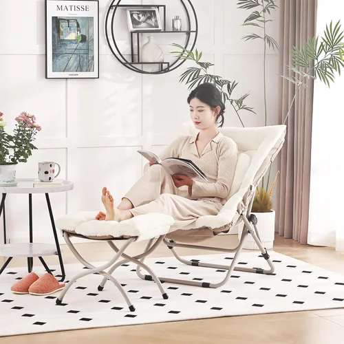 Miniatura 5 de Silla Platillo con Otomán, Cómoda Silla Plegable de Gran Tamaño, Silla de Lectura de Piel Sintética para Adultos, Silla Perezosa Plegable de Acento