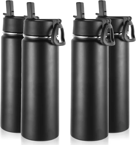 Volhoply Botellas de agua aisladas con popote a granel, paquete de 4, botella deportiva de acero inoxidable de 22 onzas con tapa con asa, tazas de