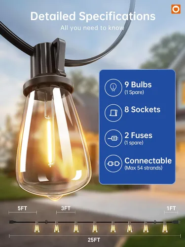 Miniatura 6 de addlon Tira de luces LED de 25 pies, resistente al agua con 8+1 bombillas LED inastillables (no solar), luz de patio, conectable y resistente al