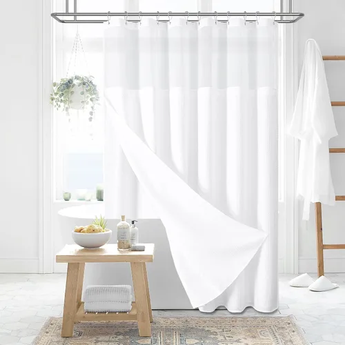 Miniatura 29 de Dynamene cortina de ducha de lino burdeos - cortinas de tela de nido de abeja texturizadas y resistentes para baño, 256GSM, juego de cortinas