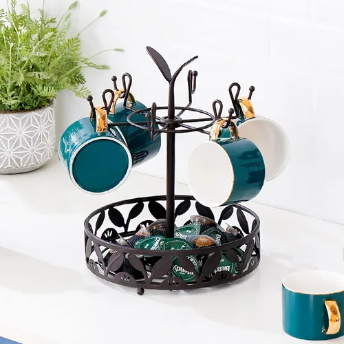 Miniatura 2 de Soporte para taza de café con almacenamiento de cesta de cápsulas de café, soporte giratorio para tazas de 6 capacidades, soporte para tazas