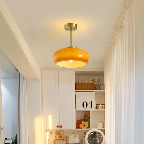 Miniatura 3 de Lámpara de techo semiempotrada de cristal, moderna cerca del techo, pantalla de cristal de cúpula naranja de 11 pulgadas, lámpara de techo dorada