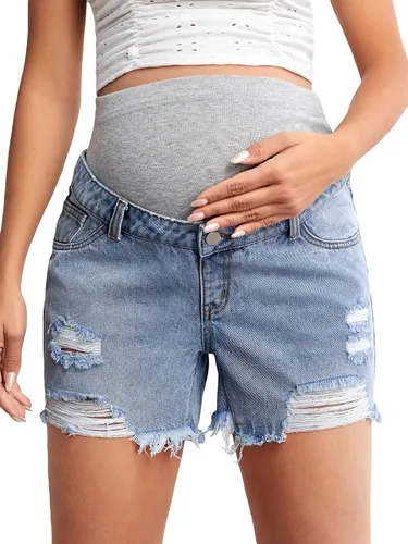 Verdusa Pantalones cortos de mezclilla de maternidad para mujer, cintura alta, rasgados, dobladillo sin procesar, pantalones cortos de embarazo