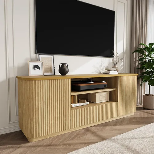 Miniatura 12 de QUW Soporte de TV acanalado de 70 pulgadas para televisores de hasta 80 pulgadas, moderno centro de entretenimiento con 2 cajones y gabinetes, Blanco