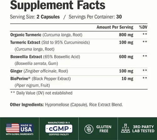 Miniatura 3 de Boswellia Serrata Suplemento de curcumina de cúrcuma: tumérico orgánico, extracto de boswellia, jengibre y bioperina para una máxima absorción