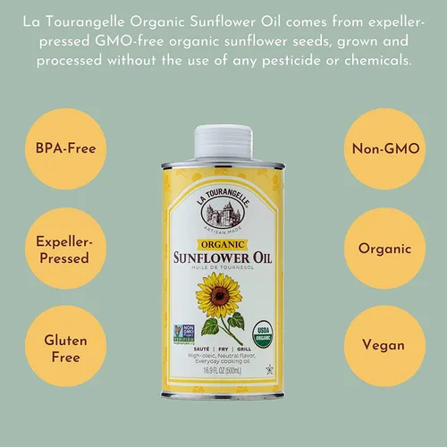 Miniatura 4 de La Tourangelle, Aceite orgánico de girasol alto oleico, aceite neutro para cocinar a fuego medio a alto y cuidado de la piel, sin OMG, libre
