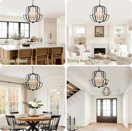 Miniatura 7 de Lámpara de araña negra y dorada de 19" para comedor, lámparas de araña rústicas de granja de 5 luces, luz colgante industrial moderna para cocina