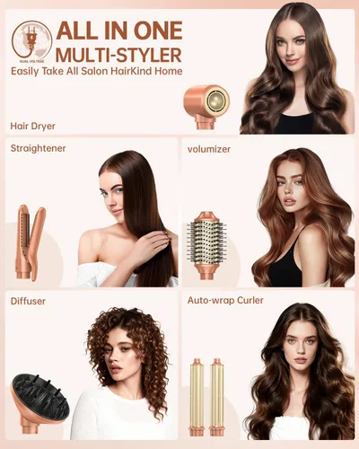 Miniatura 2 de Estilizador de aire caliente de 6 en 1 de webeauty [Doble voltaje], secador de pelo iónico negativo de alta velocidad con rizadores automáticos