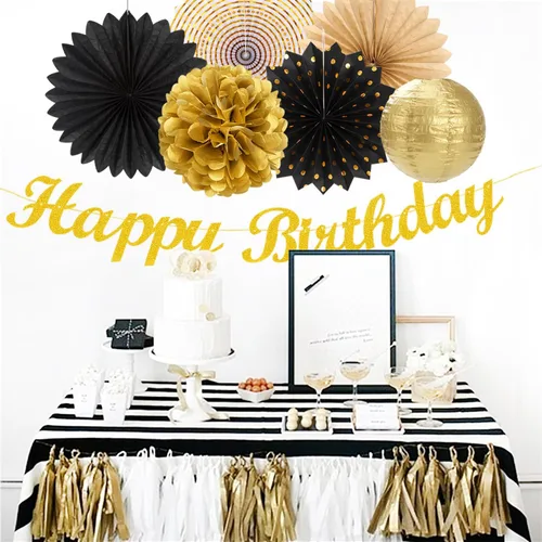 Miniatura 4 de Paquete de decoración de fiesta de cumpleaños para mujeres y hombres - 21 piezas. Banner feliz, papel de banderines, linternas de panal, pompones