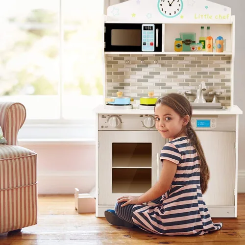 Miniatura 2 de OLAKIDS - Juego de cocina para niños, cocina de madera para niños pequeños con sonidos reales, estufa, microondas, horno, fregadero, gabinete