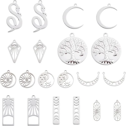 SUNNYCLUE 1 caja de 20 dijes estilo tarot árbol de la vida de la fase lunar de acero inoxidable con diseño de luna creciente ojo de serpiente,