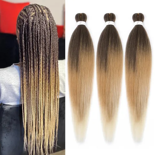 Miniatura 8 de Cabello trenzado marrón preestirado de 30 pulgadas, 3 paquetes de cabello trenzado preestirado de color 30 EZ, textura Yaki, extensiones de cabello