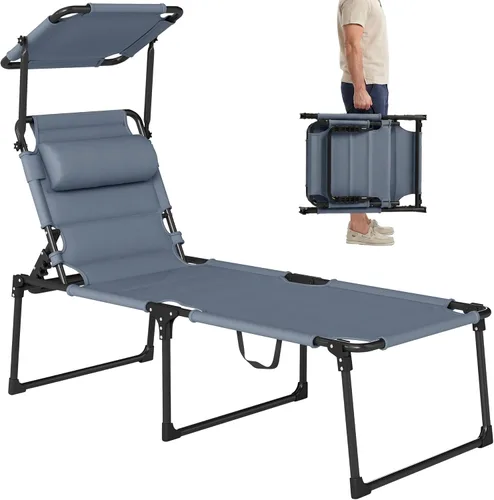 Miniatura 11 de Outsunny Sillón para exteriores, respaldo ajustable, tumbona plegable, silla de bronceado acolchada con techo parasol y reposacabezas de almohada