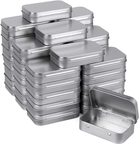 Tamicy Latas rectangulares de metal con bisagras vacías – Paquete de 40 mini cajas portátiles plateadas, kit de almacenamiento pequeño y organizador