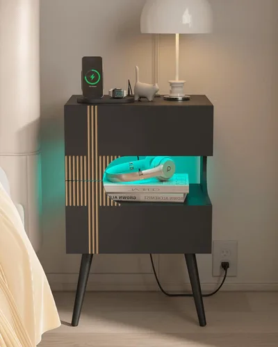 Miniatura 9 de JOONEE Mesita de noche negra con estación de carga y luces LED, moderna mesita de noche con 2 cajones de almacenamiento, mesita de noche con patas