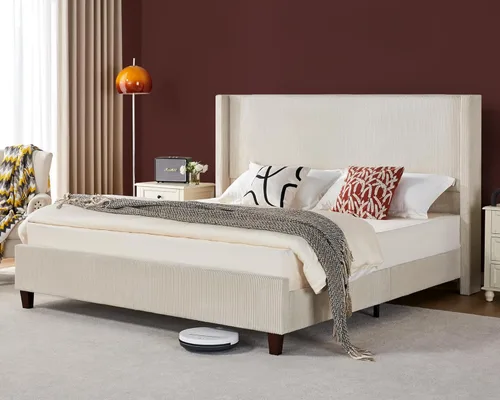 Miniatura 3 de VanAcc Base de cama de plataforma tamaño Queen, cama tapizada de pana de 50.8 pulgadas con cabecera capitonada de canal vertical, listones de Crema