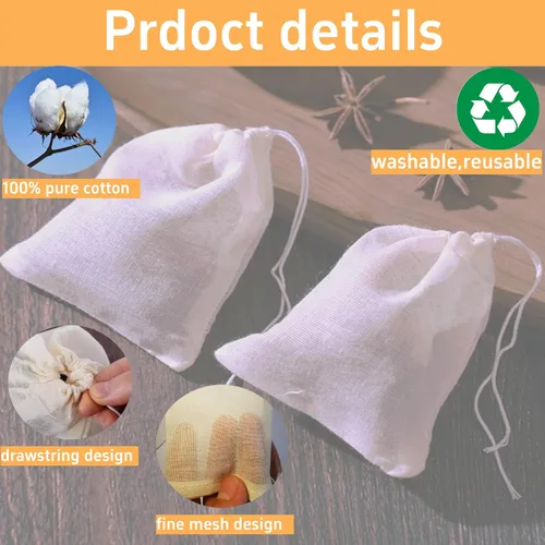 Miniatura 3 de Paquete de 50 bolsas de muselina de algodón natural reutilizables con cordón, bolsas de té reutilizables sin blanquear, bolsas de especias