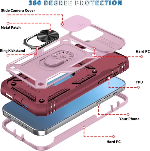 Miniatura 5 de Korecase Funda de protección para iPhone 12 Pro Max Kickstand con cubierta para lente de cámara, deslizante, grado militar, resistente, de doble Rosa