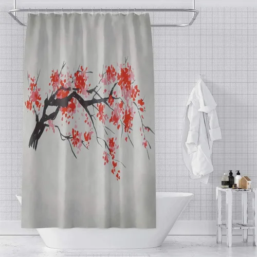 Miniatura 9 de Cortina de ducha japonesa con flores de cerezo blanco, pétalos que caen, decoración de fondo rosa, tela impermeable, cortina de baño floral