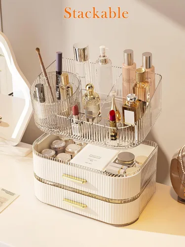 Miniatura 7 de Organizador de maquillaje giratorio de 360° con cajón, exhibición de almacenamiento de cosméticos de acrílico transparente, contador de belleza