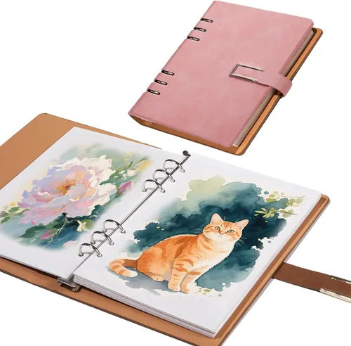 Cuaderno de bocetos profesional de acuarela con carpeta de 6 anillas, 20 hojas de papel de prensa en frío 100% algodón 100% algodón sin ácidos, 9.25