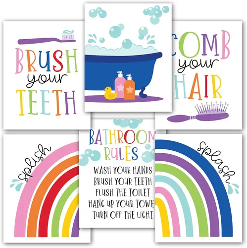 Hadley Designs 6 impresiones artísticas reversibles para niños y niñas, arte de pared de 8 x 10 pulgadas, decoración de baño para niños, decoración