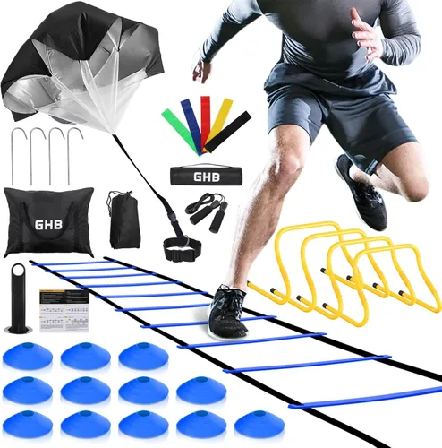 GHB Agility Ladder,Football Training Equipment Set,4 Agility Hurdles, 20 feet12 Rungs Speed Ladder,12 Disc Cones,Resistance Parachute, Jump Rope, 5